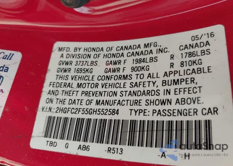 2016 Honda Civic Lx from USA, damaged, VIN 2HGFC2F55GH552584